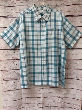 Men's Short-Sleeve Teal Plaid Button-Down Shirt